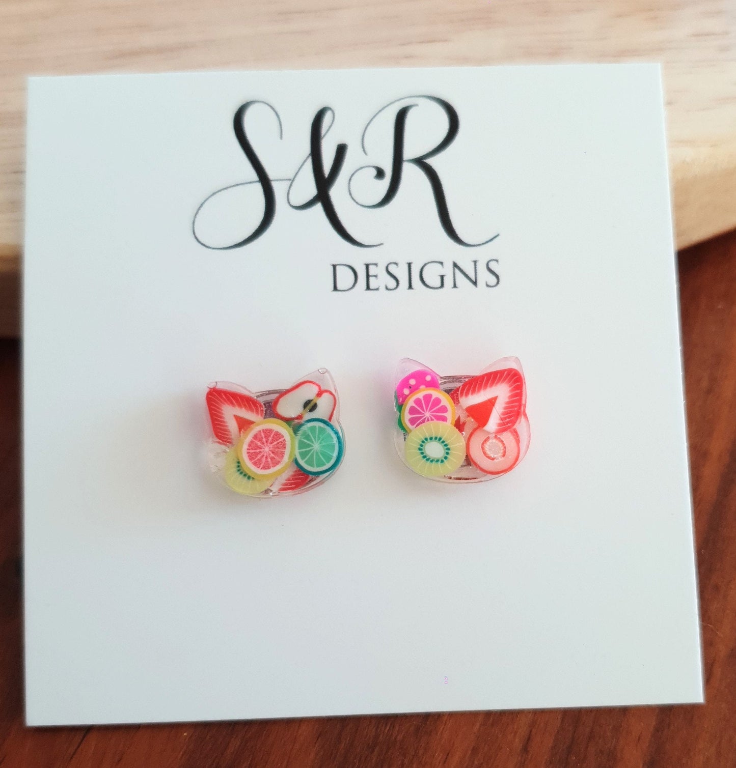 Fruit Salad Cat Stud Earrings, Cat Polymer Fruit Resin Stud Earrings, Earrings made with Stainless Steel Hypoallergenic.