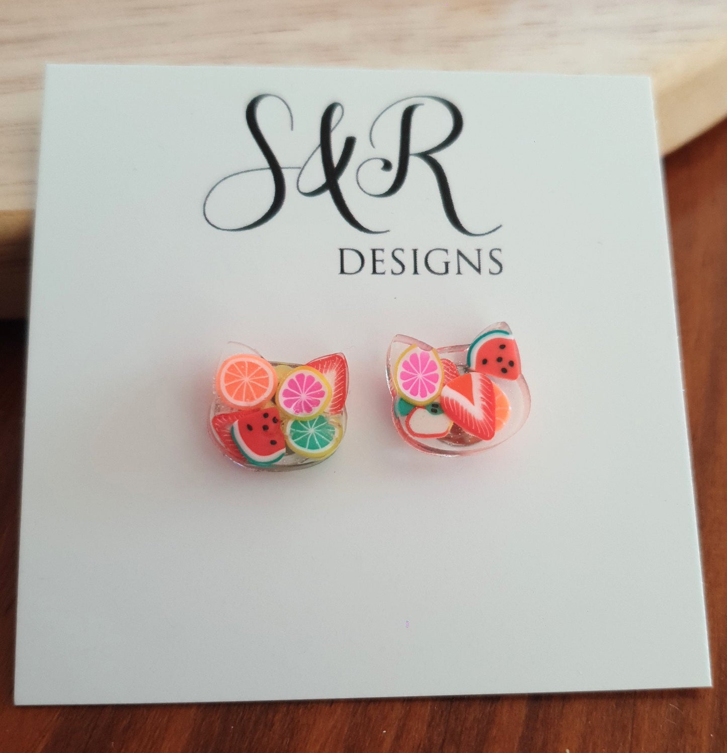 Fruit Salad Cat Stud Earrings, Cat Polymer Fruit Resin Stud Earrings, Earrings made with Stainless Steel Hypoallergenic.