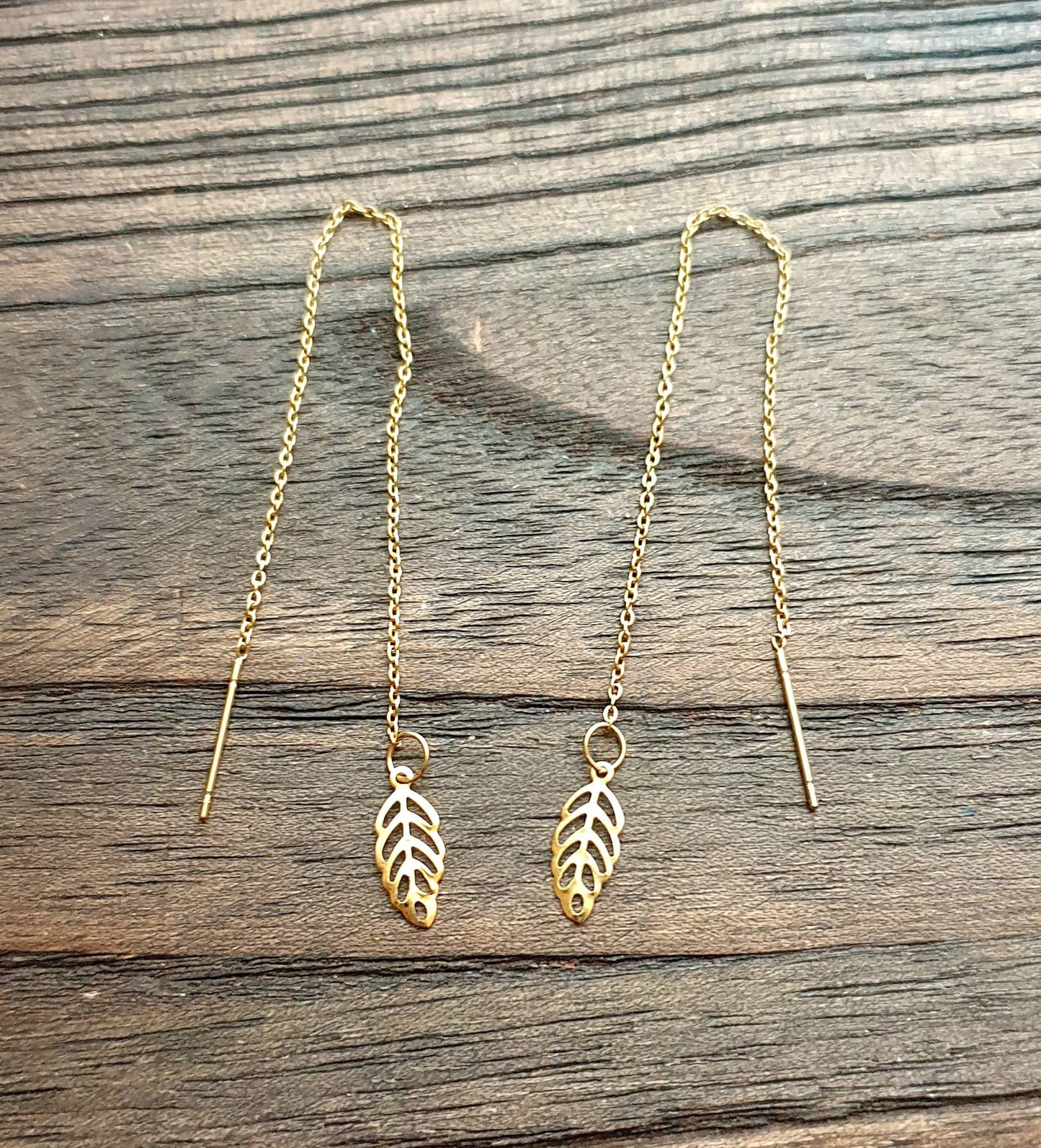 Tiny Dainty Leaf Threader Gold Earrings, Stainless Steel Dangle Choose Thread Earrings, Hook or Leverback Earrings.