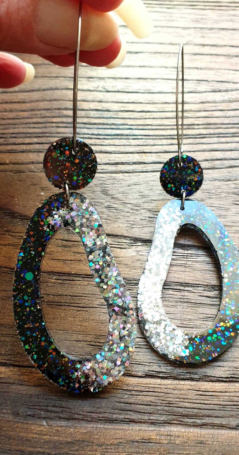 Silver Holographic Glitter Resin Dangle Earrings, Stainless Steel Hypoallergenic, Black Rainbow