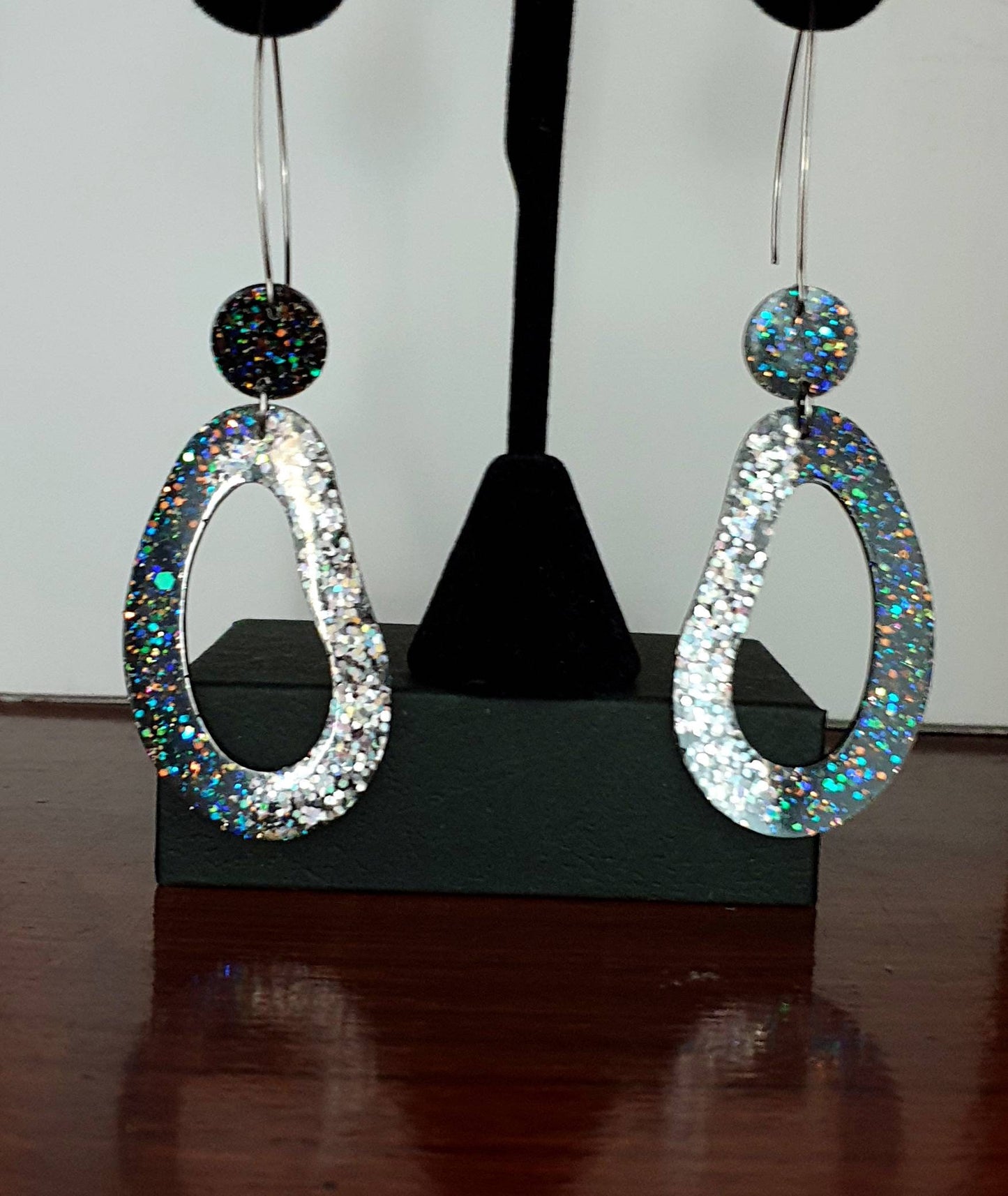 Large Unique Oval Design Long Dangle Earrings, Black Rainbow Silver Holographic Glitter Resin Dangle Statement Earrings