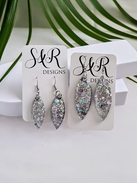 Silver Holographic Resin Earrings, Leaf Shape Dangle Earrings, Statement Earrings, Large & Small Sizes, Handmade Glitter Jewelry, Lightweigh