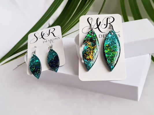 Turquoise Green Resin Earrings, Leaf Shape Dangle Earrings, Statement Earrings, Large & Small Sizes, Handmade Glitter Jewelry, Lightweight