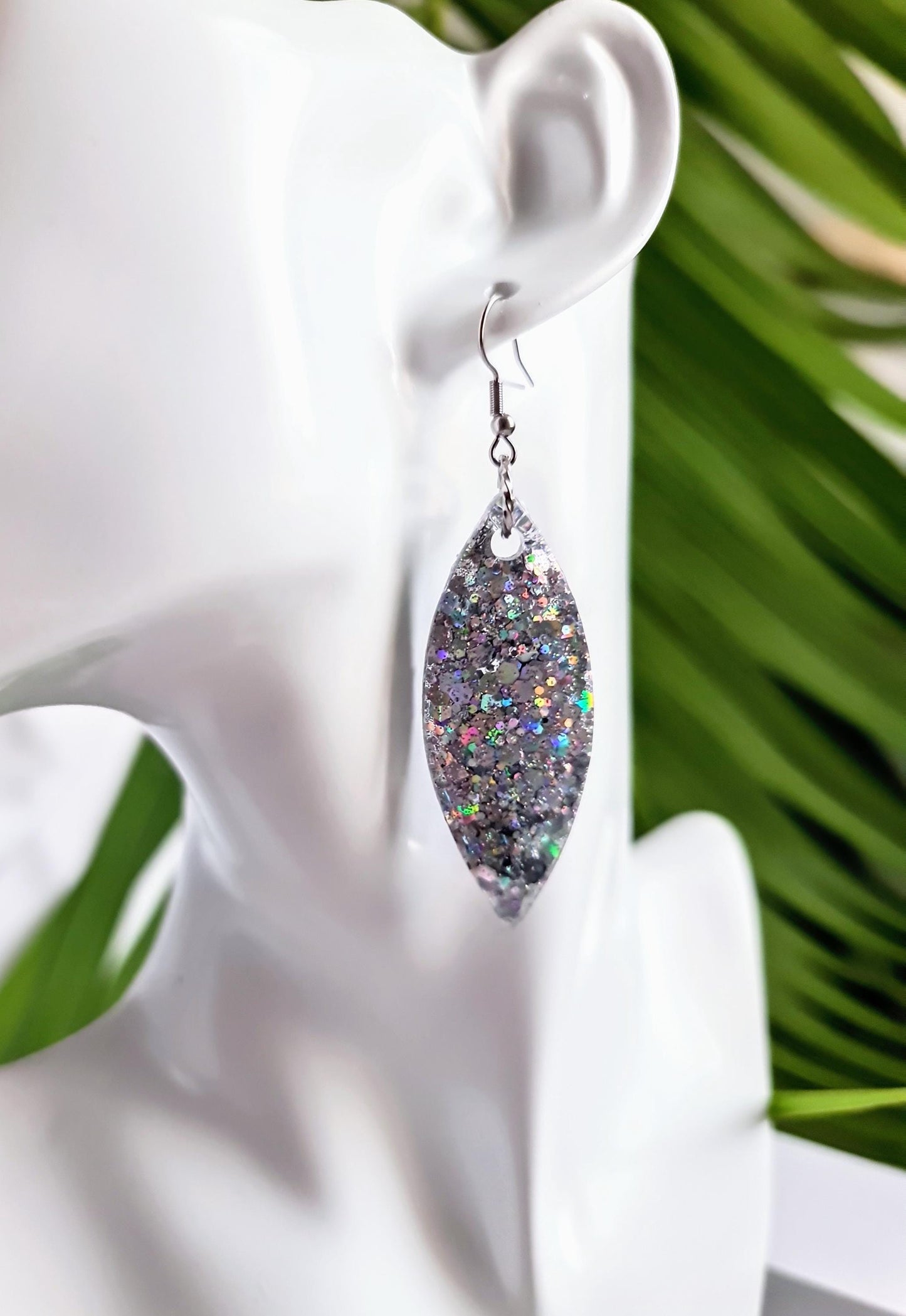 Silver Holographic Resin Earrings, Leaf Shape Dangle Earrings, Statement Earrings, Large & Small Sizes, Handmade Glitter Jewelry, Lightweigh