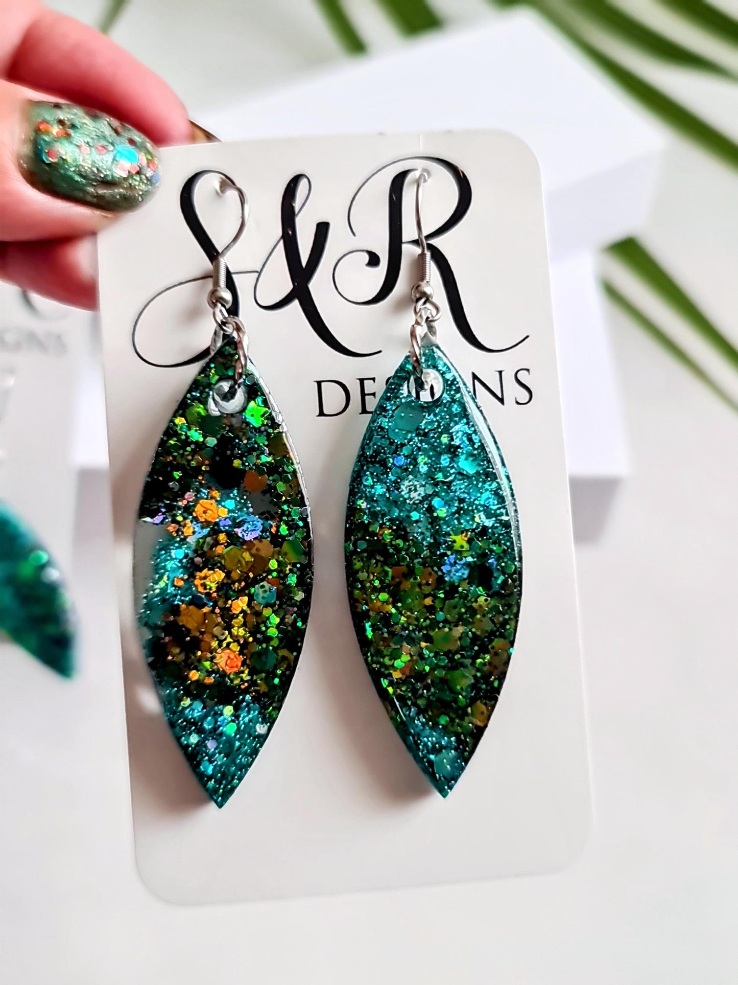 Turquoise Green Resin Earrings, Leaf Shape Dangle Earrings, Statement Earrings, Large & Small Sizes, Handmade Glitter Jewelry, Lightweight