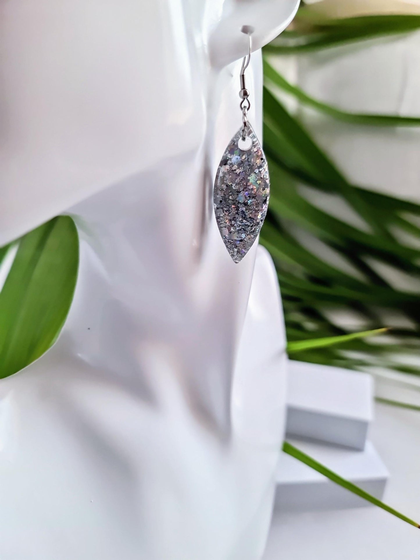 Silver Holographic Resin Earrings, Leaf Shape Dangle Earrings, Statement Earrings, Large & Small Sizes, Handmade Glitter Jewelry, Lightweigh