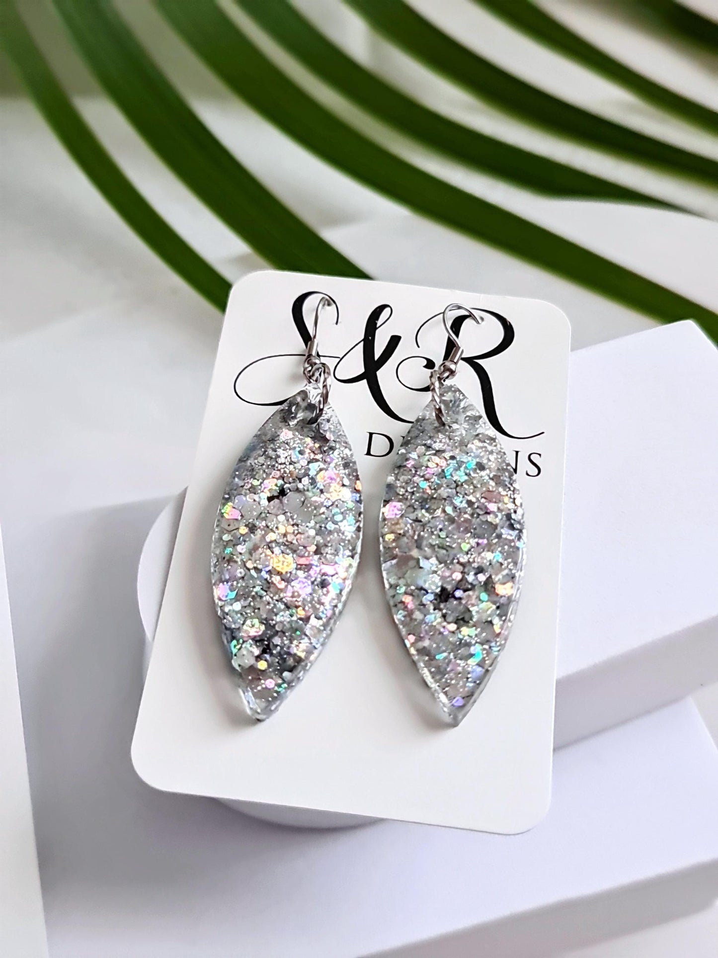 Silver Holographic Resin Earrings, Leaf Shape Dangle Earrings, Statement Earrings, Large & Small Sizes, Handmade Glitter Jewelry, Lightweigh
