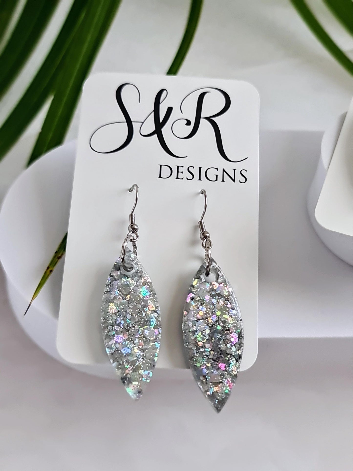 Silver Holographic Resin Earrings, Leaf Shape Dangle Earrings, Statement Earrings, Large & Small Sizes, Handmade Glitter Jewelry, Lightweigh