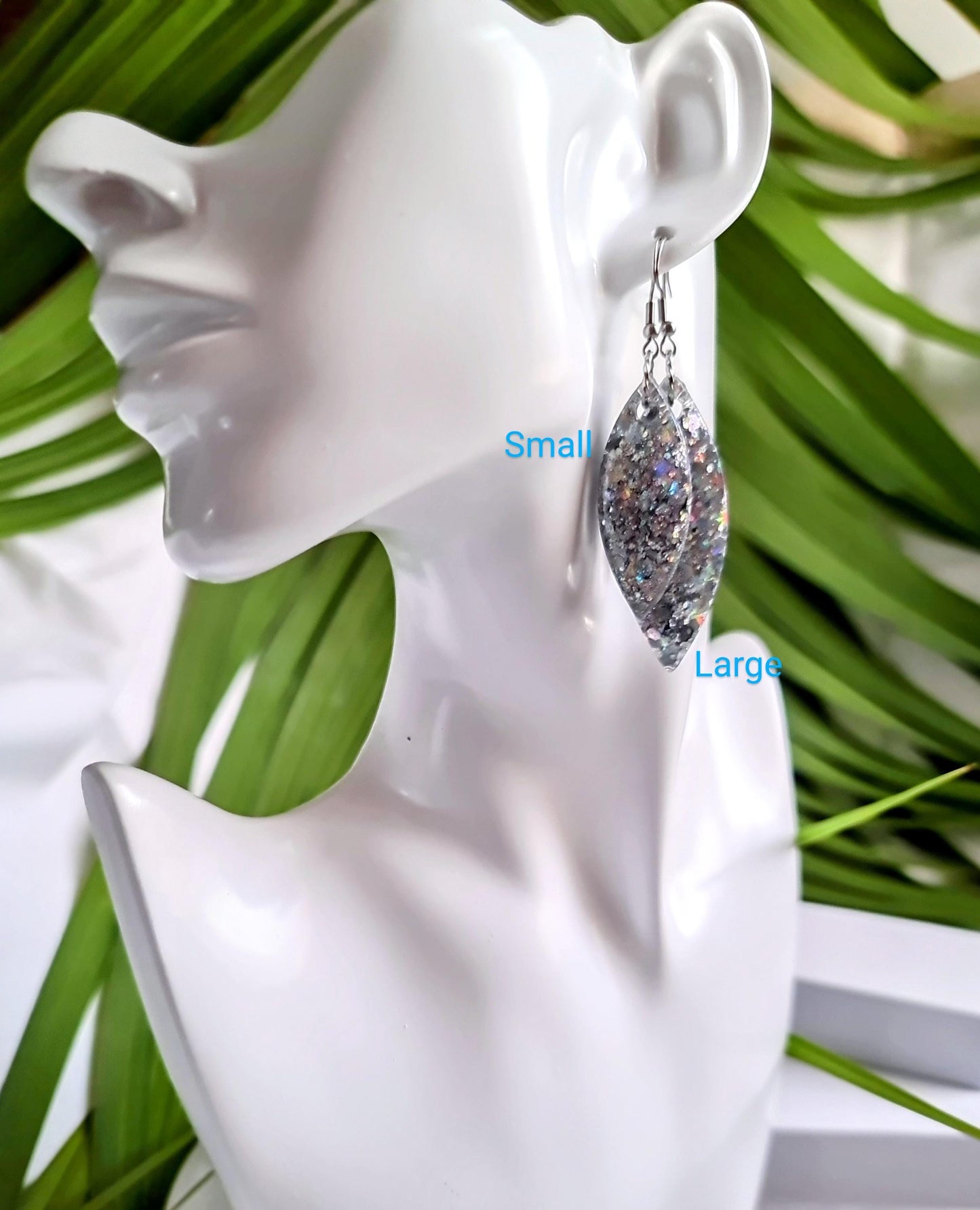 Silver Holographic Resin Earrings, Leaf Shape Dangle Earrings, Statement Earrings, Large & Small Sizes, Handmade Glitter Jewelry, Lightweigh
