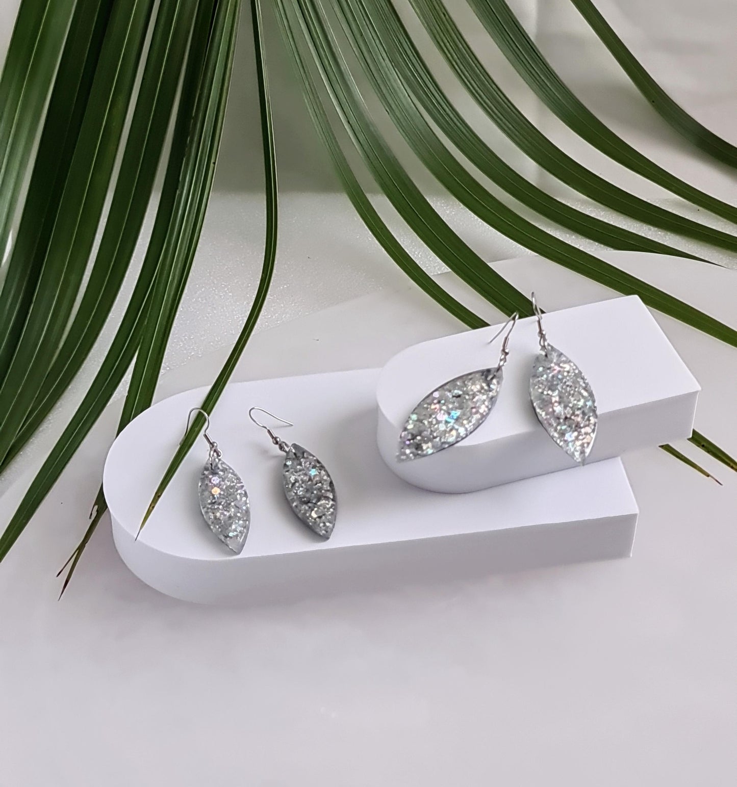 Silver Holographic Resin Earrings, Leaf Shape Dangle Earrings, Statement Earrings, Large & Small Sizes, Handmade Glitter Jewelry, Lightweigh