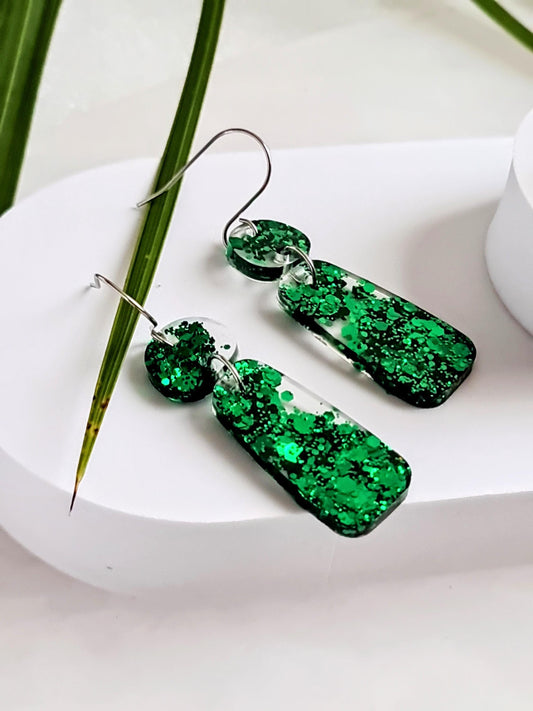 Sparkly Emerald Green Organic Rectangle Shape Drop Earrings, Handmade Glitter Resin Earrings, Stainless Steel Hypoallergenic. Gift for Her