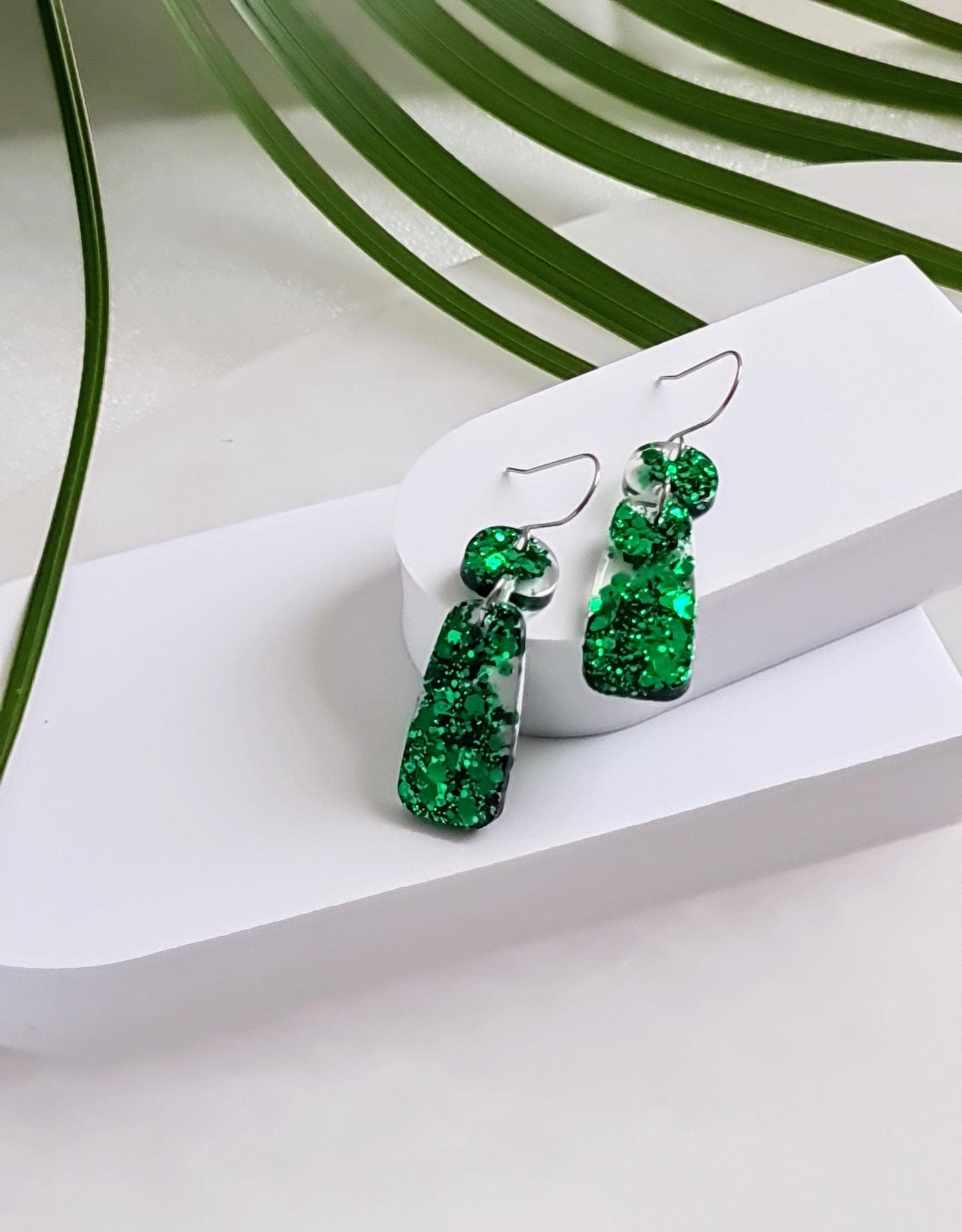 Sparkly Emerald Green Organic Rectangle Shape Drop Earrings, Handmade Glitter Resin Earrings, Stainless Steel Hypoallergenic. Gift for Her