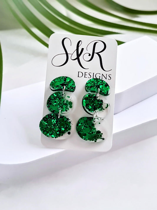 Statement Emerald Green Organic Shape Drop Earrings, Handmade Glitter Resin Earrings, Stainless Steel Hypoallergenic. Gift for Her.