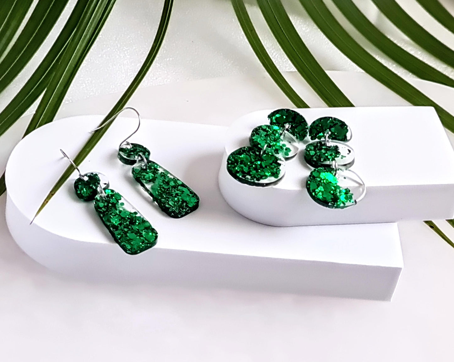 Sparkly Emerald Green Organic Rectangle Shape Drop Earrings, Handmade Glitter Resin Earrings, Stainless Steel Hypoallergenic. Gift for Her