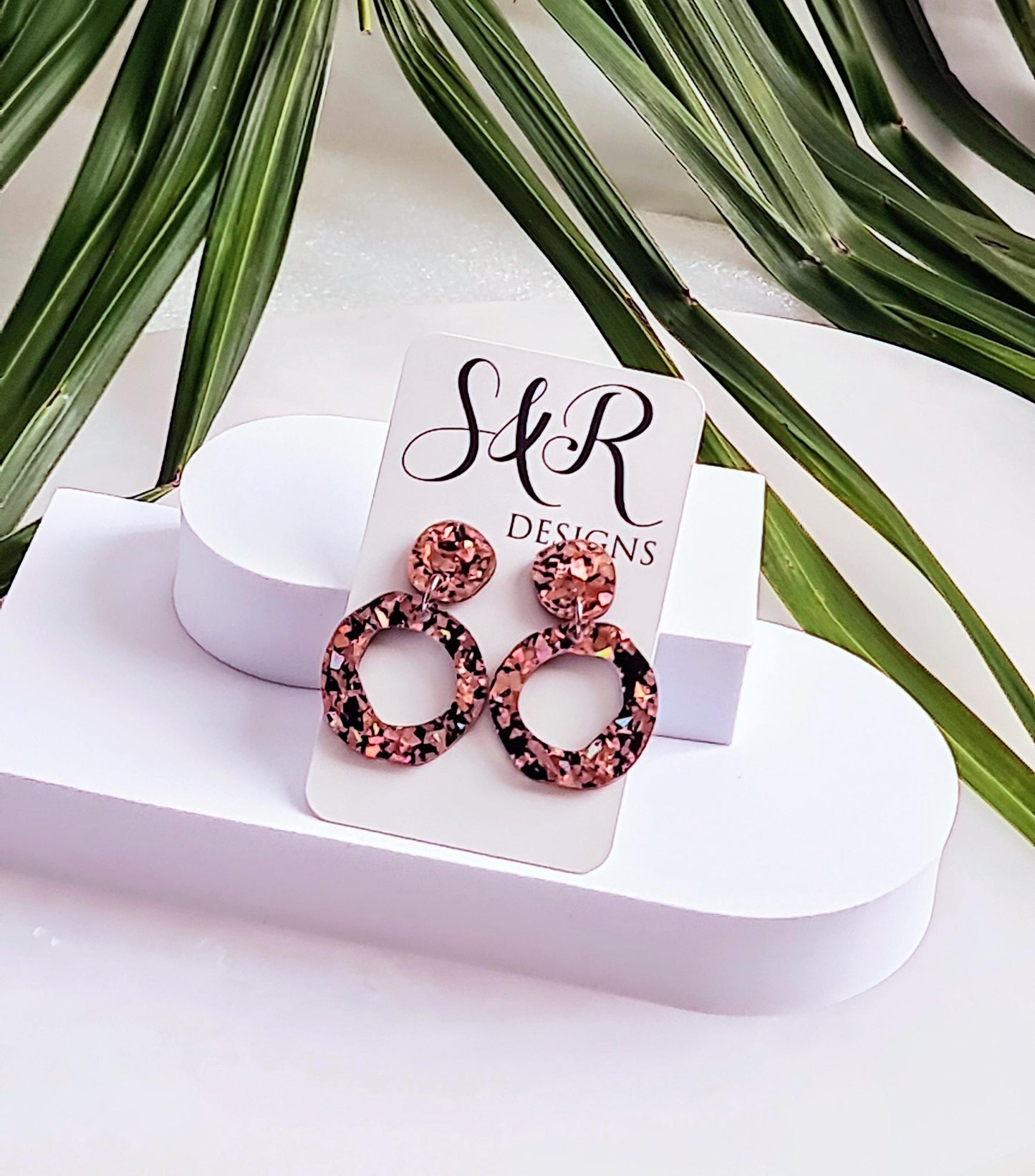 Circle Dangle Drop Earrings, Statement Asymmetric Organic Circle, Rose Gold Black Acrylic Dangle Earrings, Hypoallergenic Gift for Her