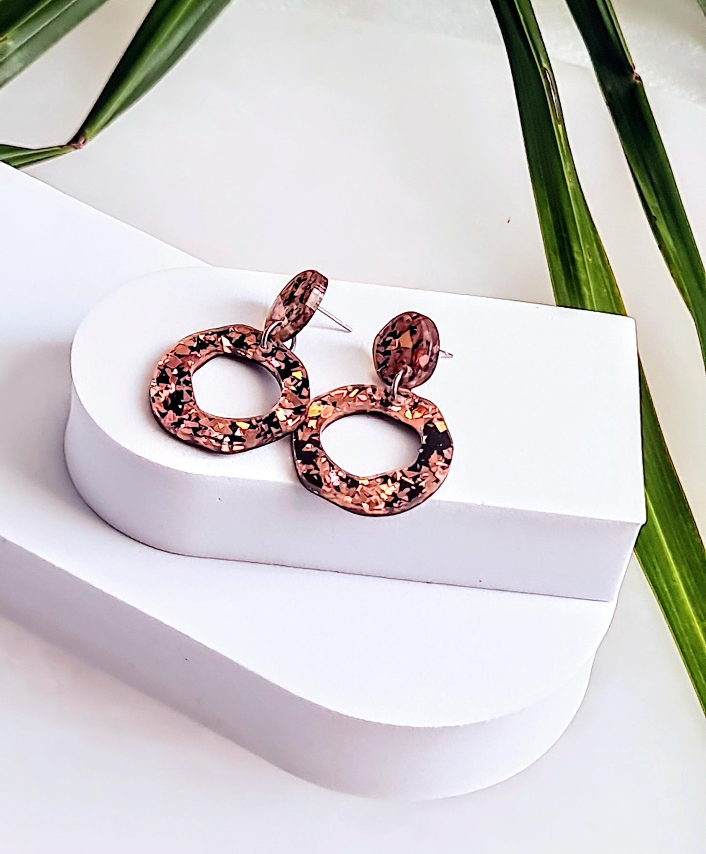 Circle Dangle Drop Earrings, Statement Asymmetric Organic Circle, Rose Gold Black Acrylic Dangle Earrings, Hypoallergenic Gift for Her