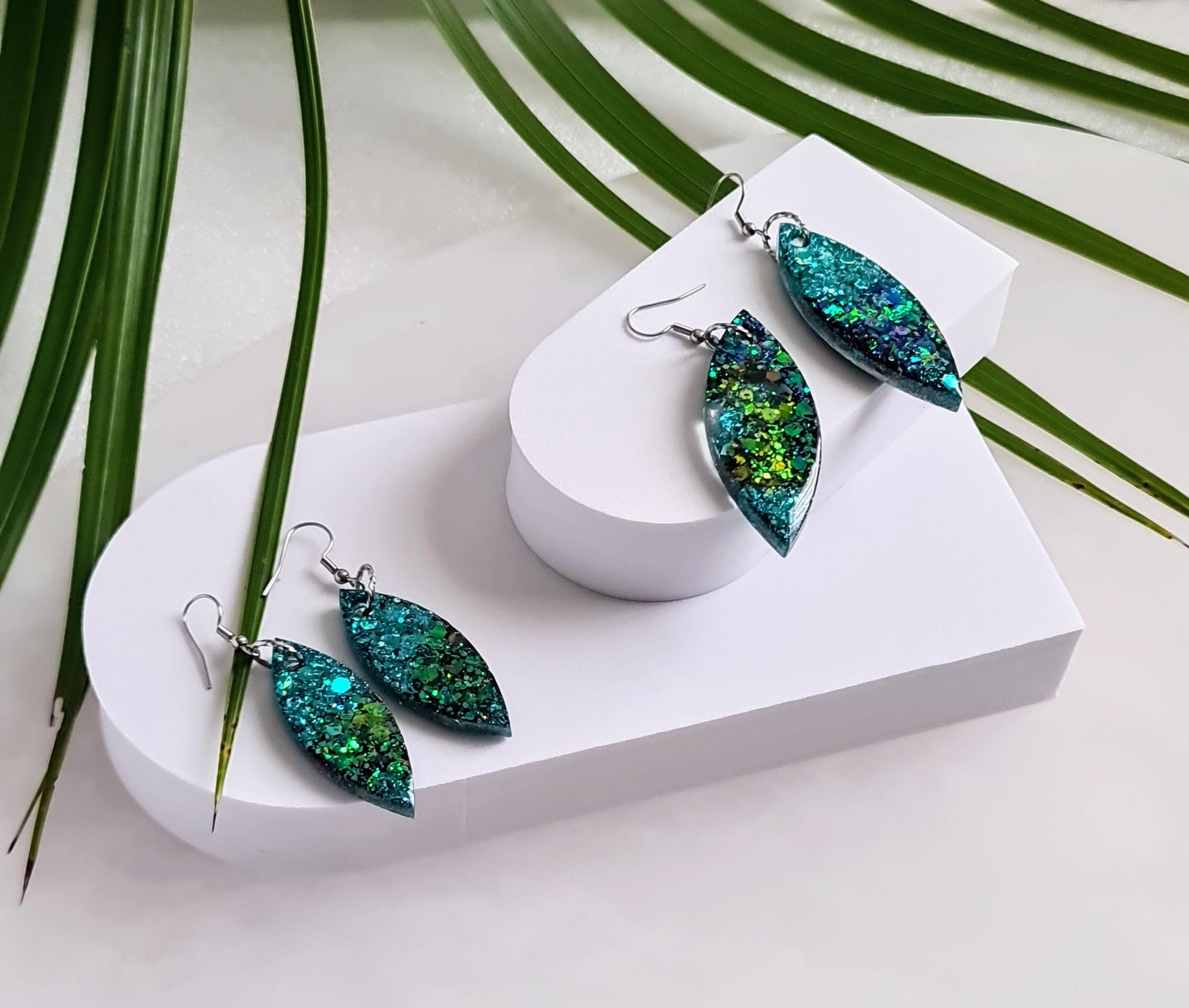 Turquoise Green Resin Earrings, Leaf Shape Dangle Earrings, Statement Earrings, Large & Small Sizes, Handmade Glitter Jewelry, Lightweight
