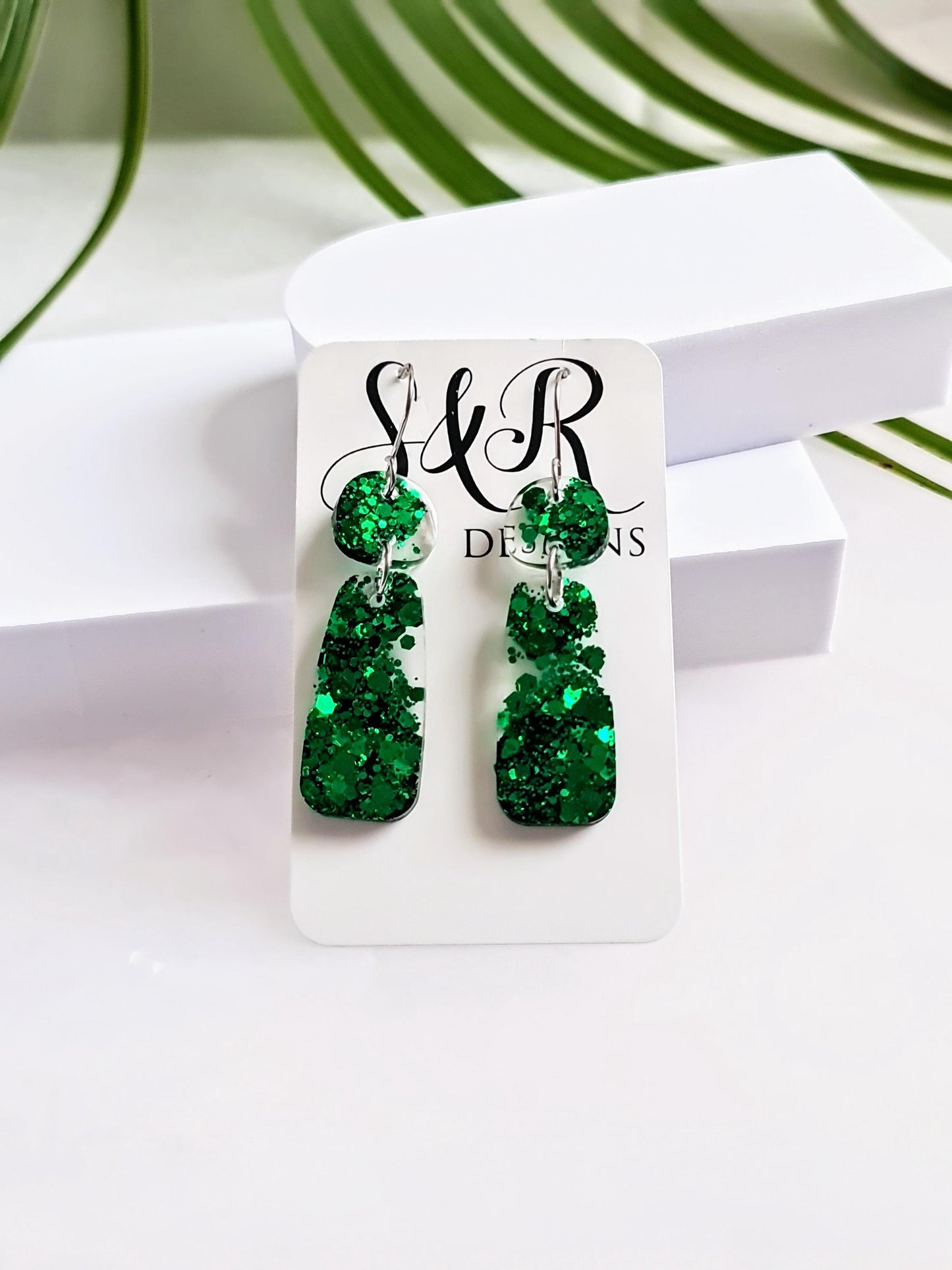 Sparkly Emerald Green Organic Rectangle Shape Drop Earrings, Handmade Glitter Resin Earrings, Stainless Steel Hypoallergenic. Gift for Her