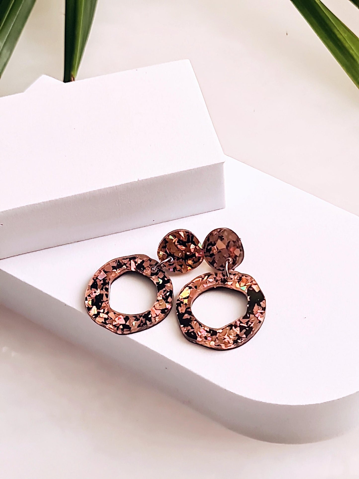 Circle Dangle Drop Earrings, Statement Asymmetric Organic Circle, Rose Gold Black Acrylic Dangle Earrings, Hypoallergenic Gift for Her