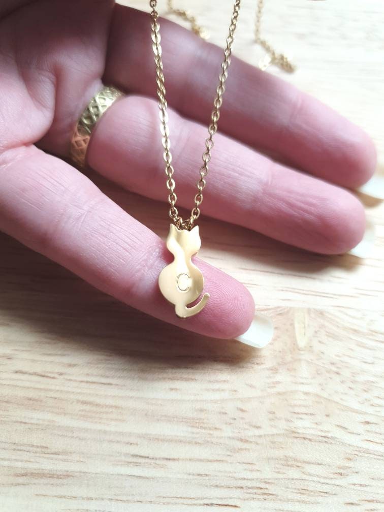 Personalized Gold or Silver Cat Necklace, Hand Stamped Personalised Cat. Initial Cat Necklace, Choose colour Silver or Gold