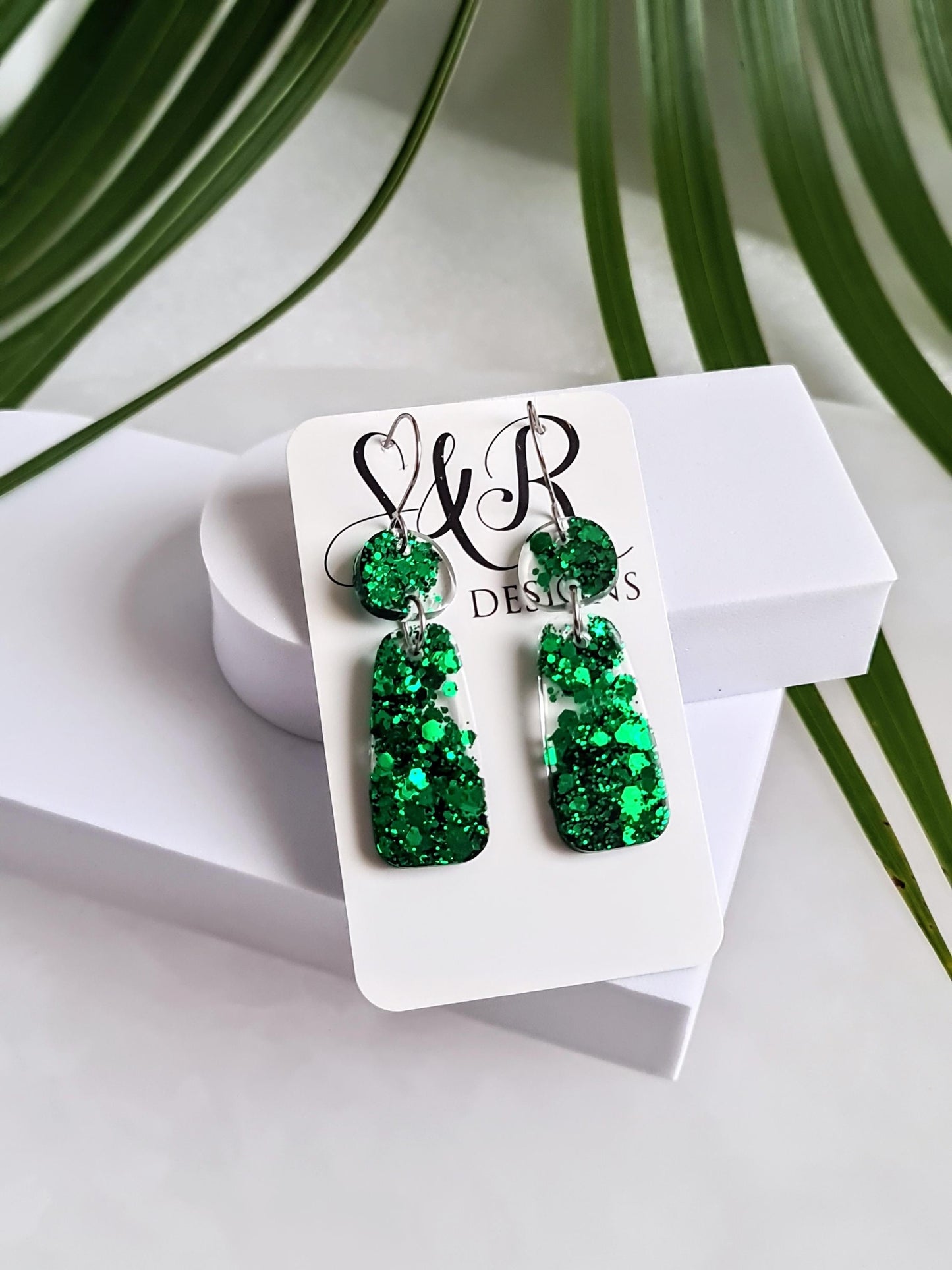 Sparkly Emerald Green Organic Rectangle Shape Drop Earrings, Handmade Glitter Resin Earrings, Stainless Steel Hypoallergenic. Gift for Her