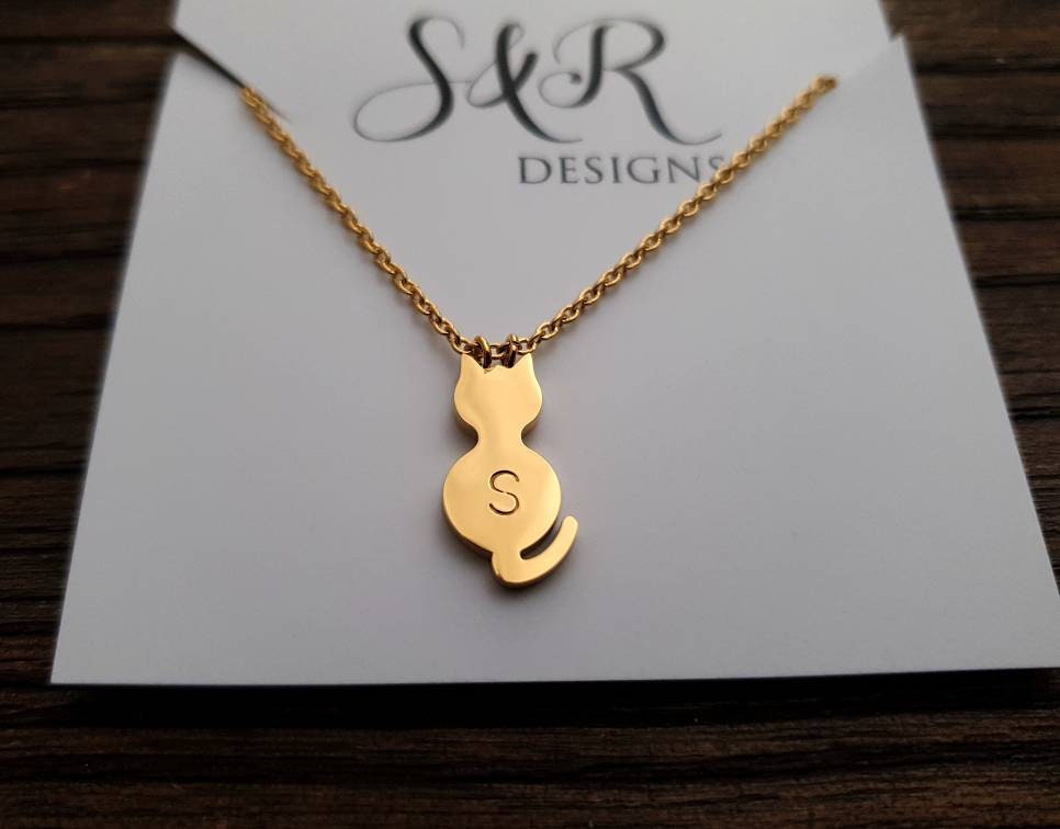 Personalized Gold or Silver Cat Necklace, Hand Stamped Personalised Cat. Initial Cat Necklace, Choose colour Silver or Gold