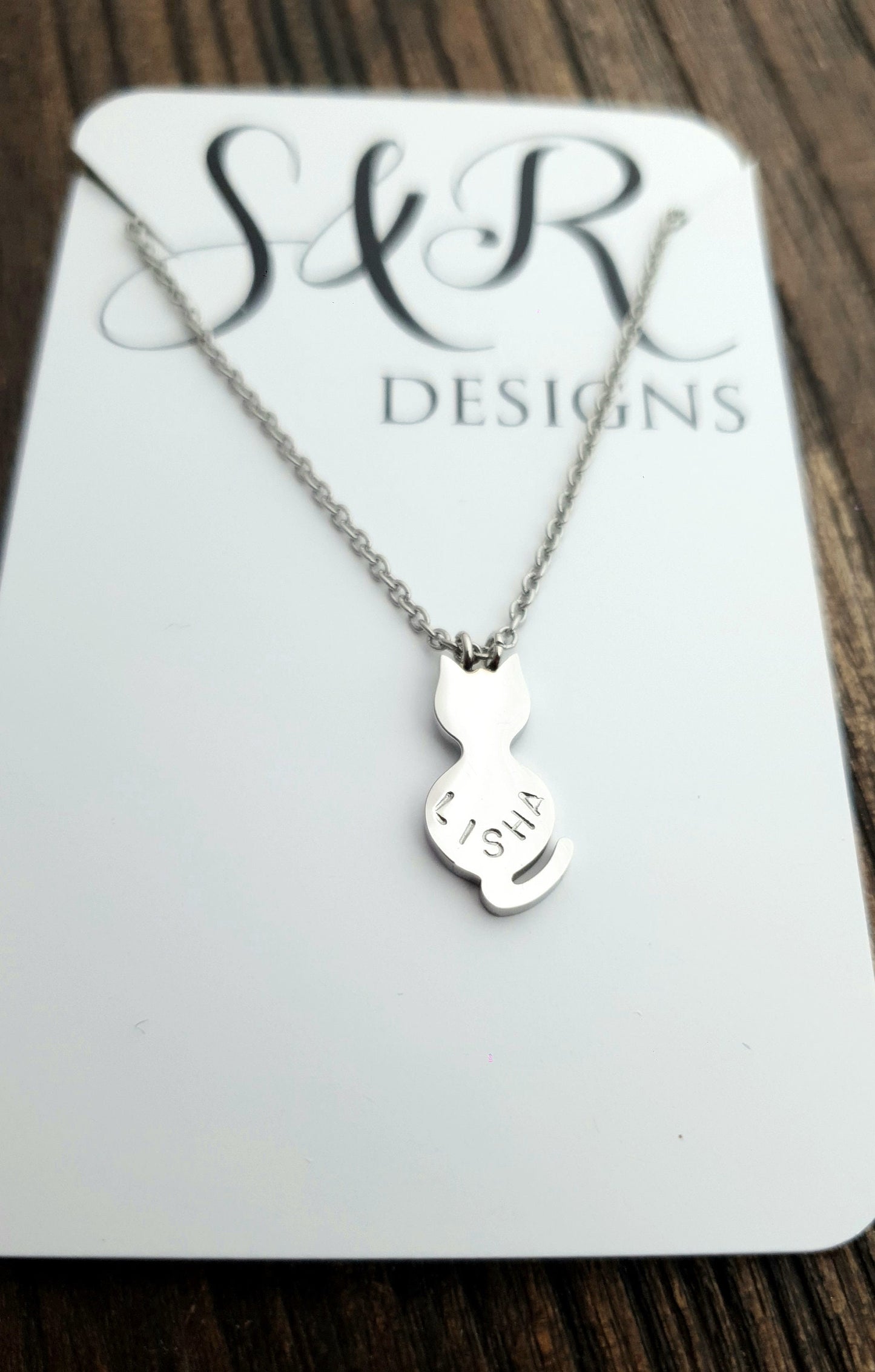 Personalized Gold or Silver Cat Necklace, Hand Stamped Personalised Cat. Initial Cat Necklace, Choose colour Silver or Gold