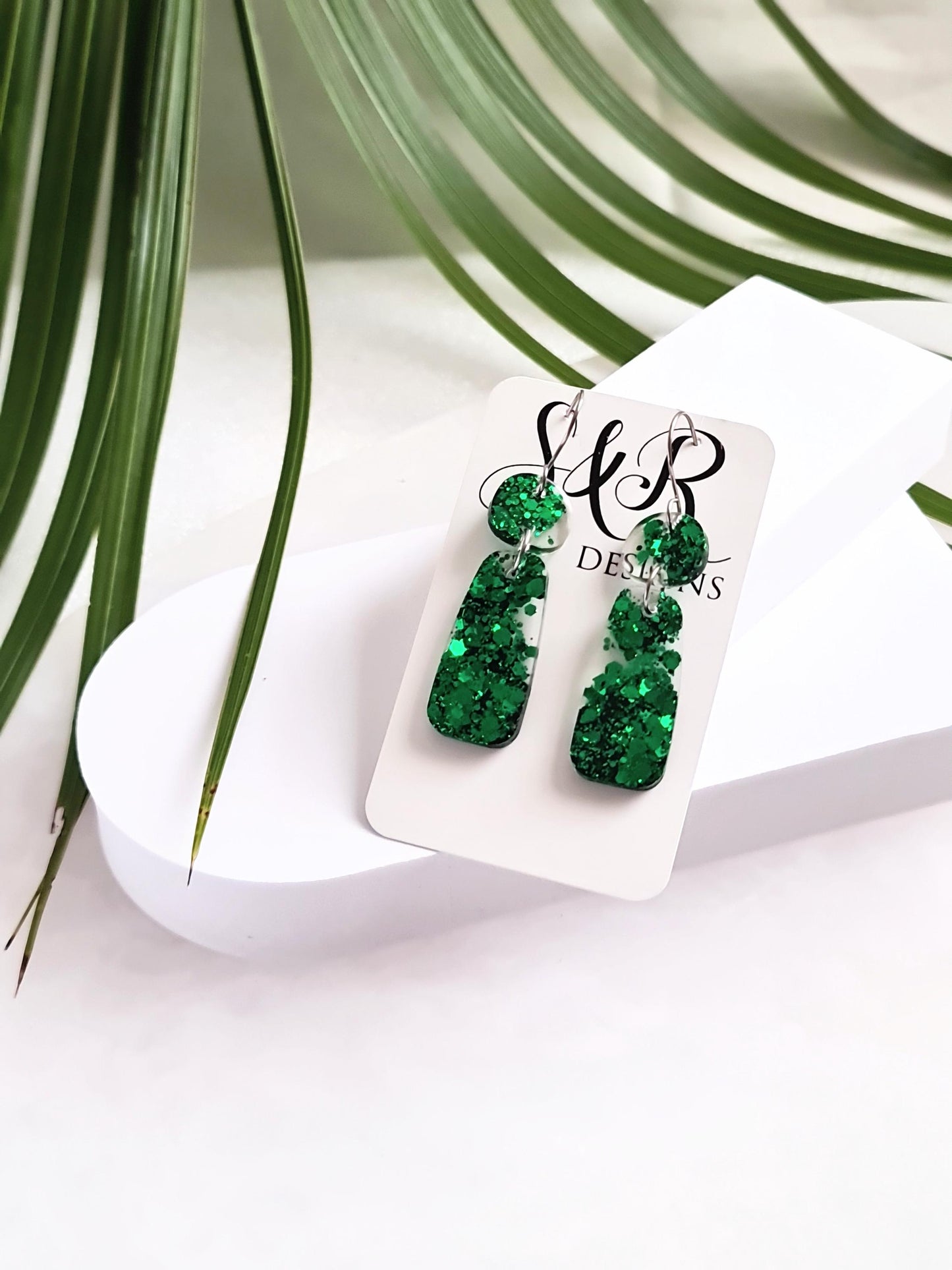 Sparkly Emerald Green Organic Rectangle Shape Drop Earrings, Handmade Glitter Resin Earrings, Stainless Steel Hypoallergenic. Gift for Her