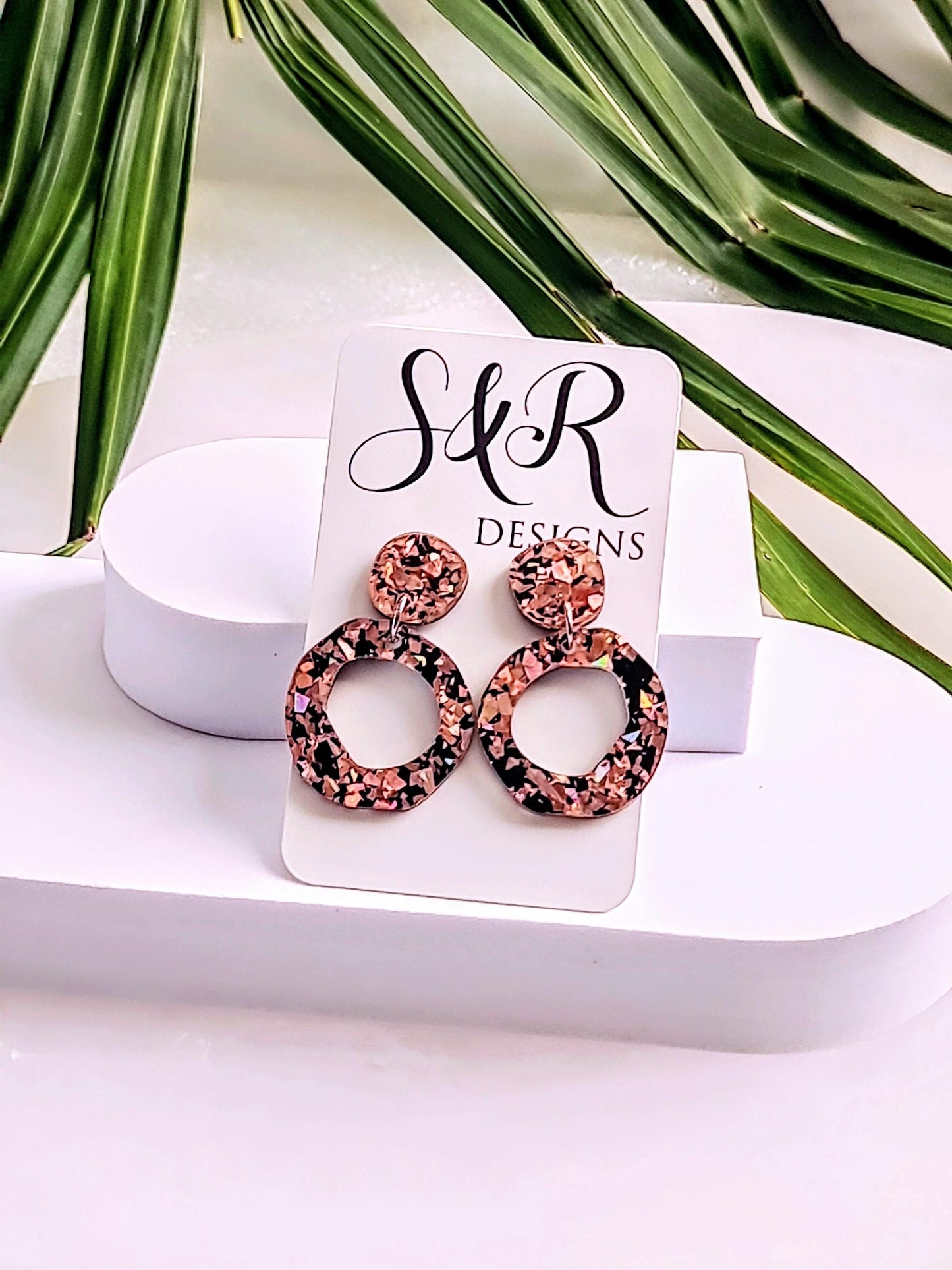 Circle Dangle Drop Earrings, Statement Asymmetric Organic Circle, Rose Gold Black Acrylic Dangle Earrings, Hypoallergenic Gift for Her