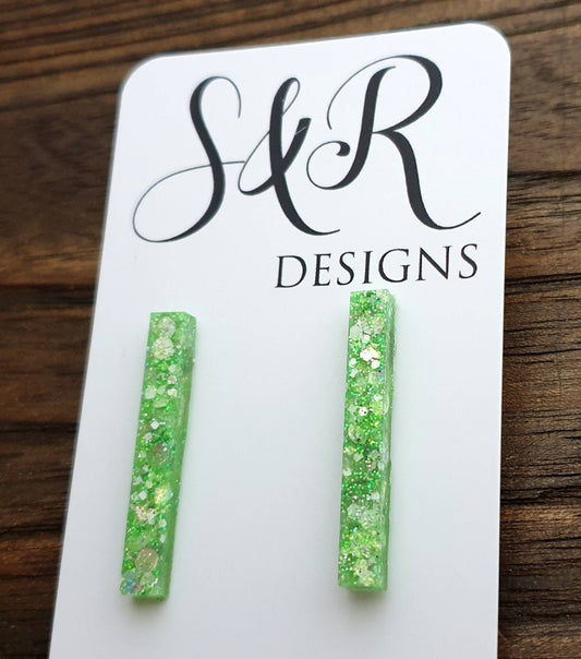 Long Bar Earrings, Green White Silver Holographic Glitter Earrings, Bar Resin Earrings, Stainless Steel Earrings, Statement Earrings