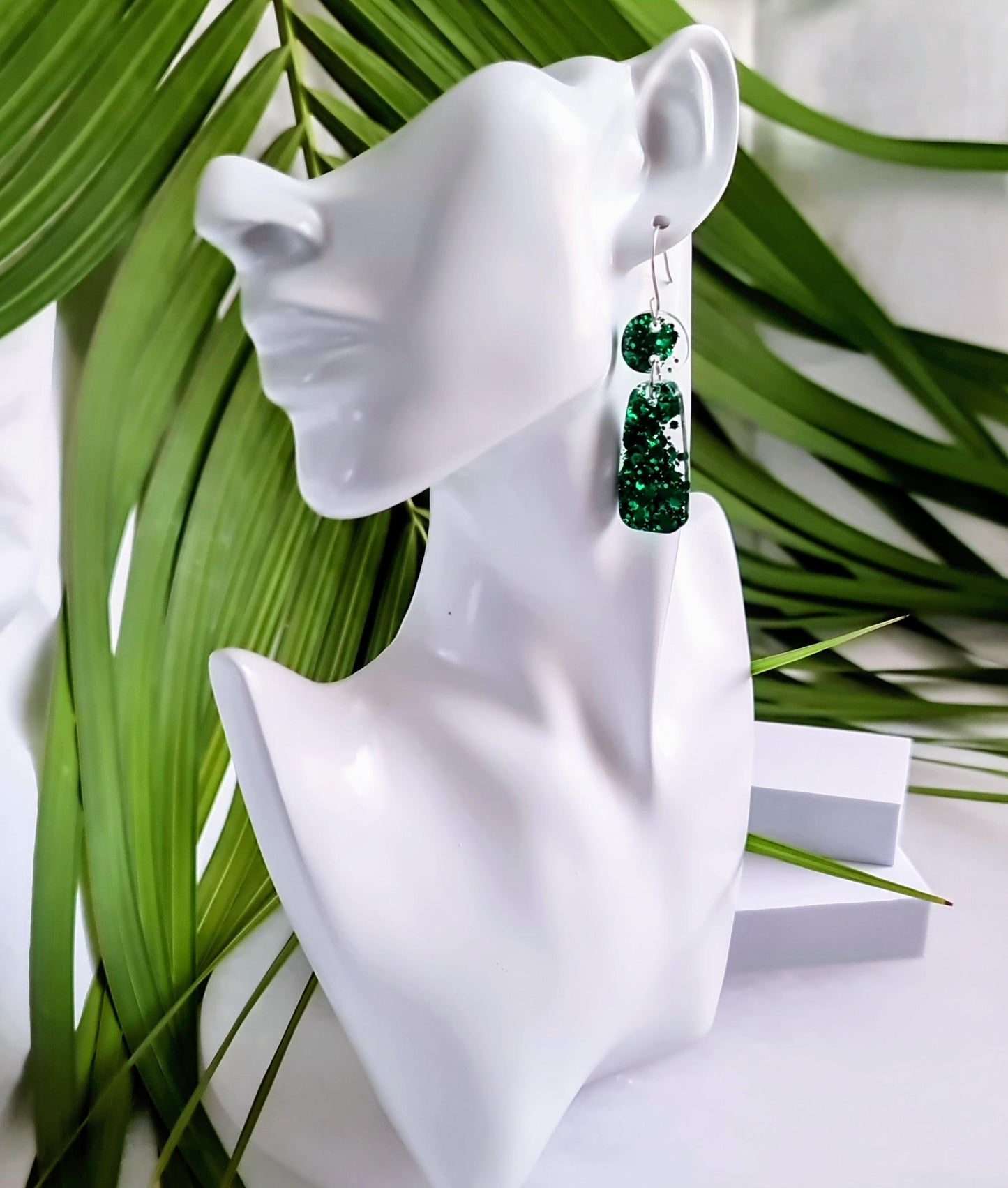 Sparkly Emerald Green Organic Rectangle Shape Drop Earrings, Handmade Glitter Resin Earrings, Stainless Steel Hypoallergenic. Gift for Her