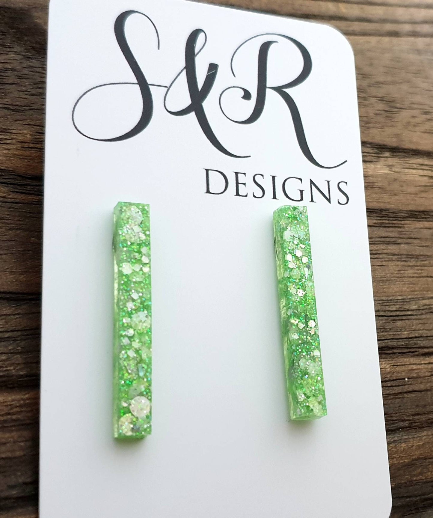 Long Bar Earrings, Green White Silver Holographic Glitter Earrings, Bar Resin Earrings, Stainless Steel Earrings, Statement Earrings