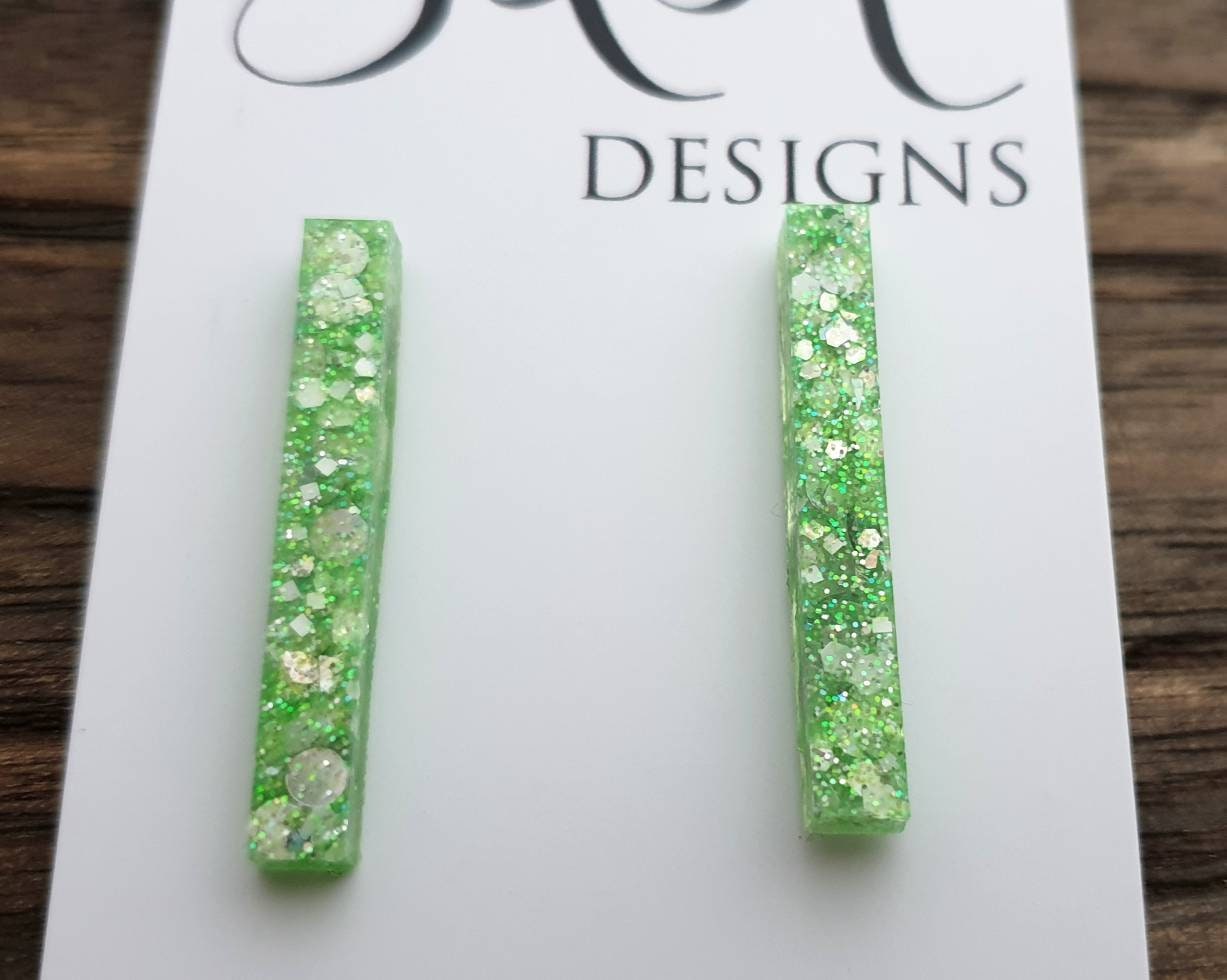 Long Bar Earrings, Green White Silver Holographic Glitter Earrings, Bar Resin Earrings, Stainless Steel Earrings, Statement Earrings