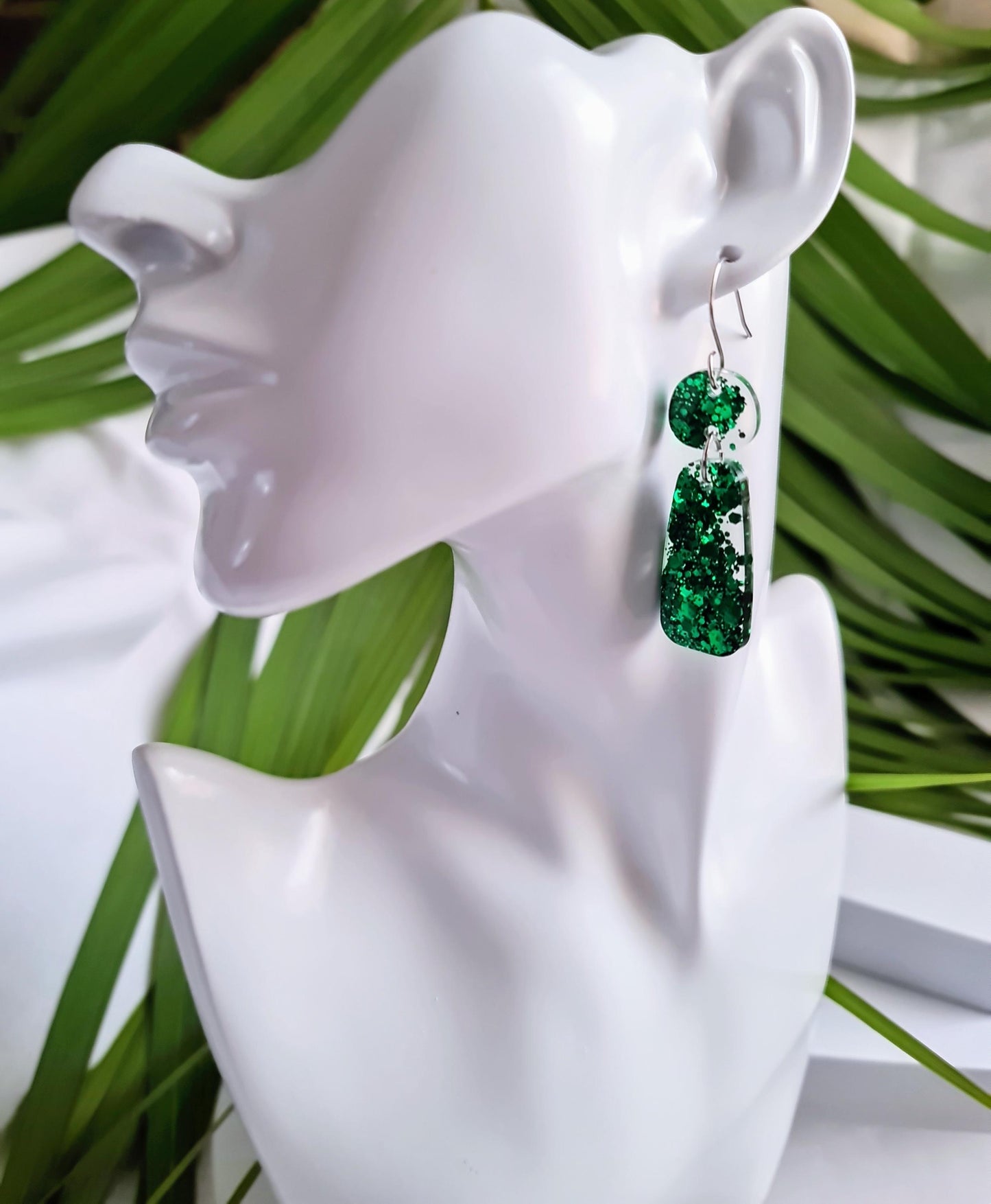 Sparkly Emerald Green Organic Rectangle Shape Drop Earrings, Handmade Glitter Resin Earrings, Stainless Steel Hypoallergenic. Gift for Her