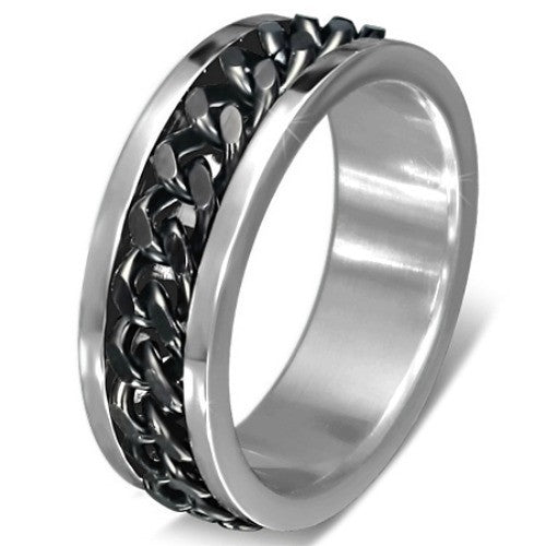 Stainless Steel 2 Tone Silver & Black Chain Band Ring Size 10 US T AU