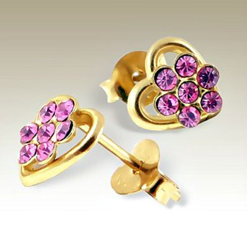 Sterling Silver Gold Heart Pink Crystal Flower Stud Earrings