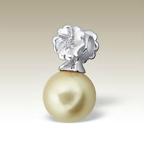 Sterling Silver Flower CZ Lt Gold Glass Pearl Pendant 10mm