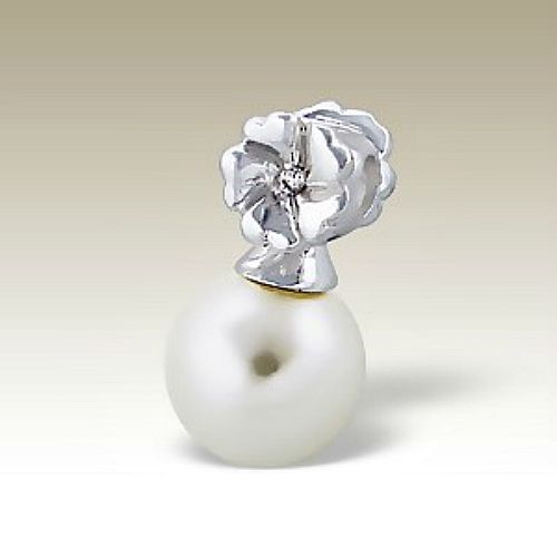 Sterling Silver Glass Pearl Pendant Necklace with Flower Design with CZ 18" 45cm