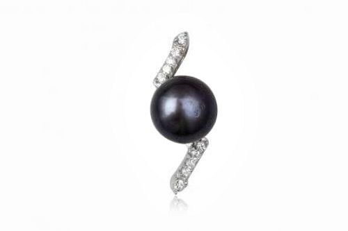 Sterling Silver Clear CZ & Natural Aubergine Pearl Rhodium Pl Exclusive Pendant