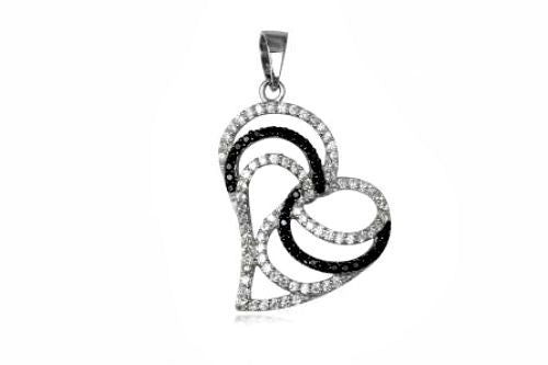 Sterling Silver Clear & Black CZ Rhodium Plated Exclusive Heart Pendant