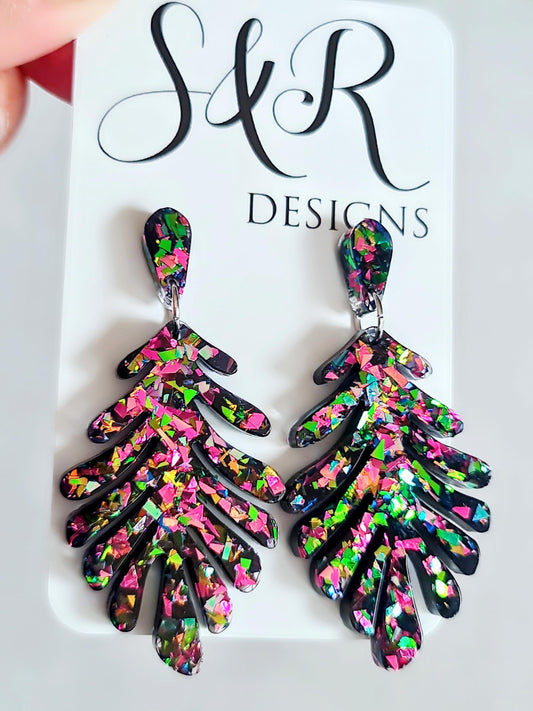 Multicoloured Leaves Dangle Drop Earrings, Metalic Mixed Glitter Resin Leaf Earrings, Bold Statement Jewellery, Gift for her, Hypoallergenic