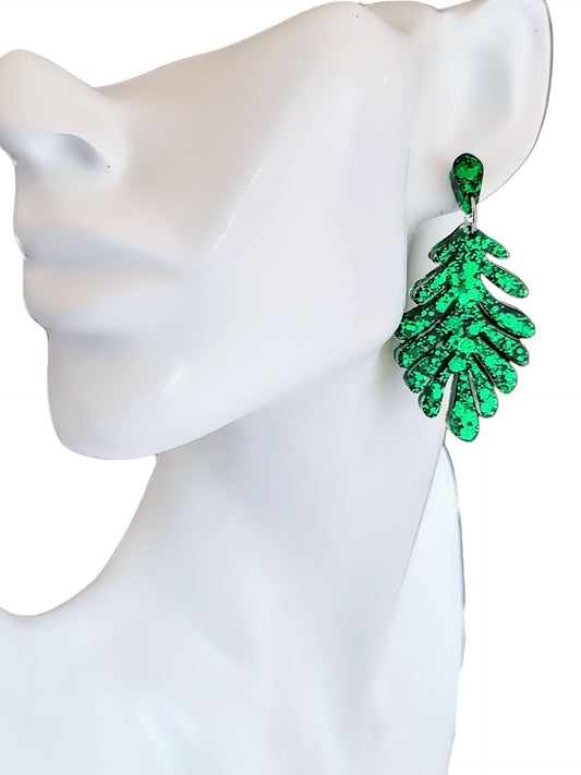 Emeral Green Leaves Dangle Drop Earrings, Glitter Resin Leaf Earrings, Bold Statement Jewellery Handmade, Gift for her, Hypoallergenic Studs