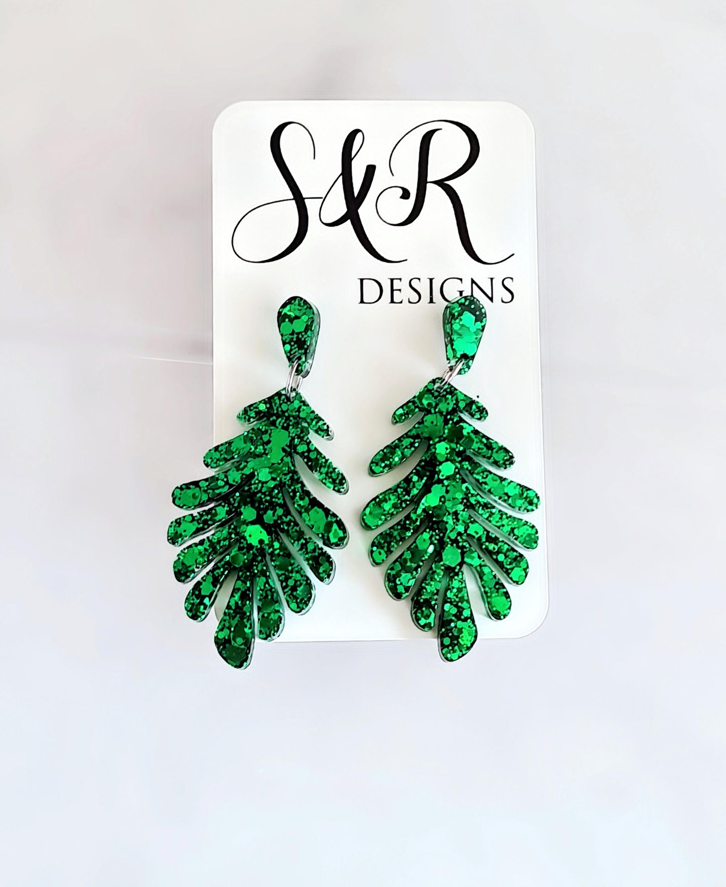 Emeral Green Leaves Dangle Drop Earrings, Glitter Resin Leaf Earrings, Bold Statement Jewellery Handmade, Gift for her, Hypoallergenic Studs