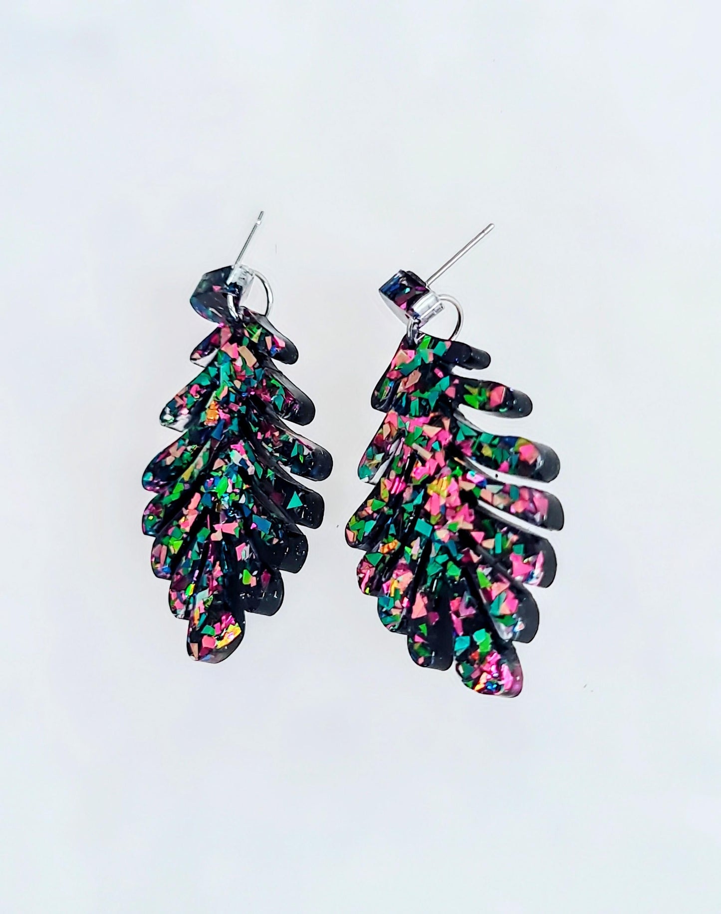 Multicoloured Leaves Dangle Drop Earrings, Metalic Mixed Glitter Resin Leaf Earrings, Bold Statement Jewellery, Gift for her, Hypoallergenic