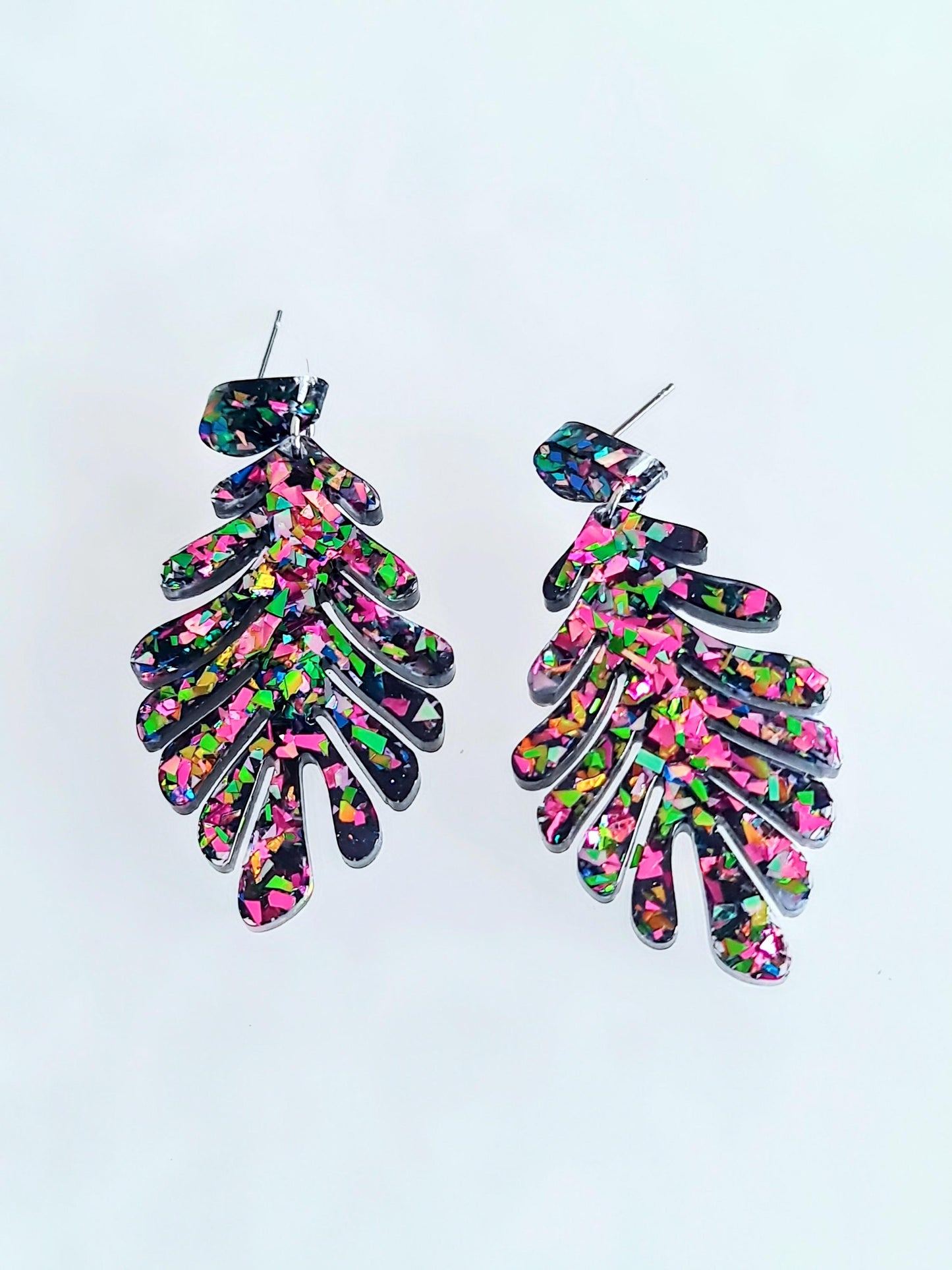 Multicoloured Leaves Dangle Drop Earrings, Metalic Mixed Glitter Resin Leaf Earrings, Bold Statement Jewellery, Gift for her, Hypoallergenic