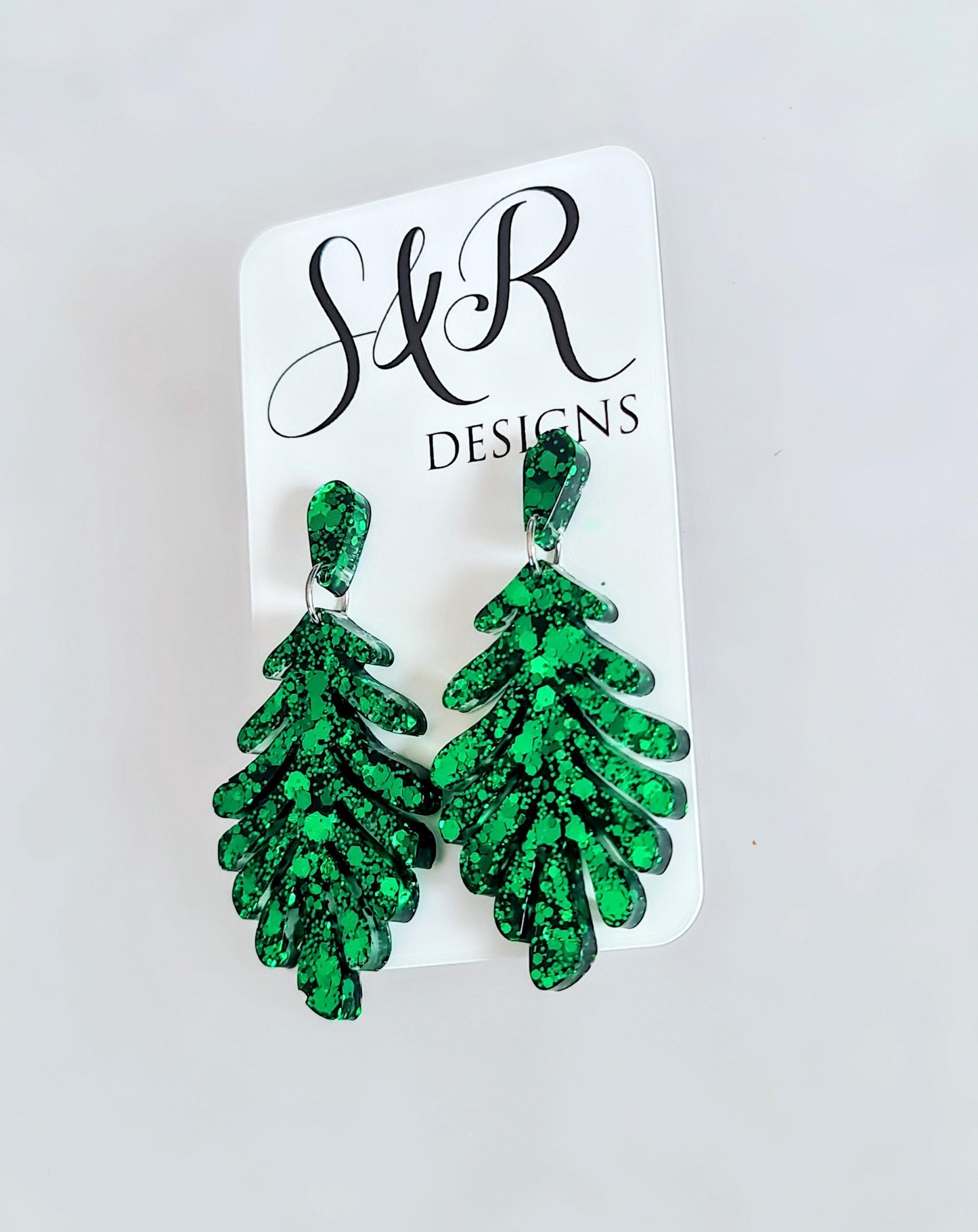 Emeral Green Leaves Dangle Drop Earrings, Glitter Resin Leaf Earrings, Bold Statement Jewellery Handmade, Gift for her, Hypoallergenic Studs
