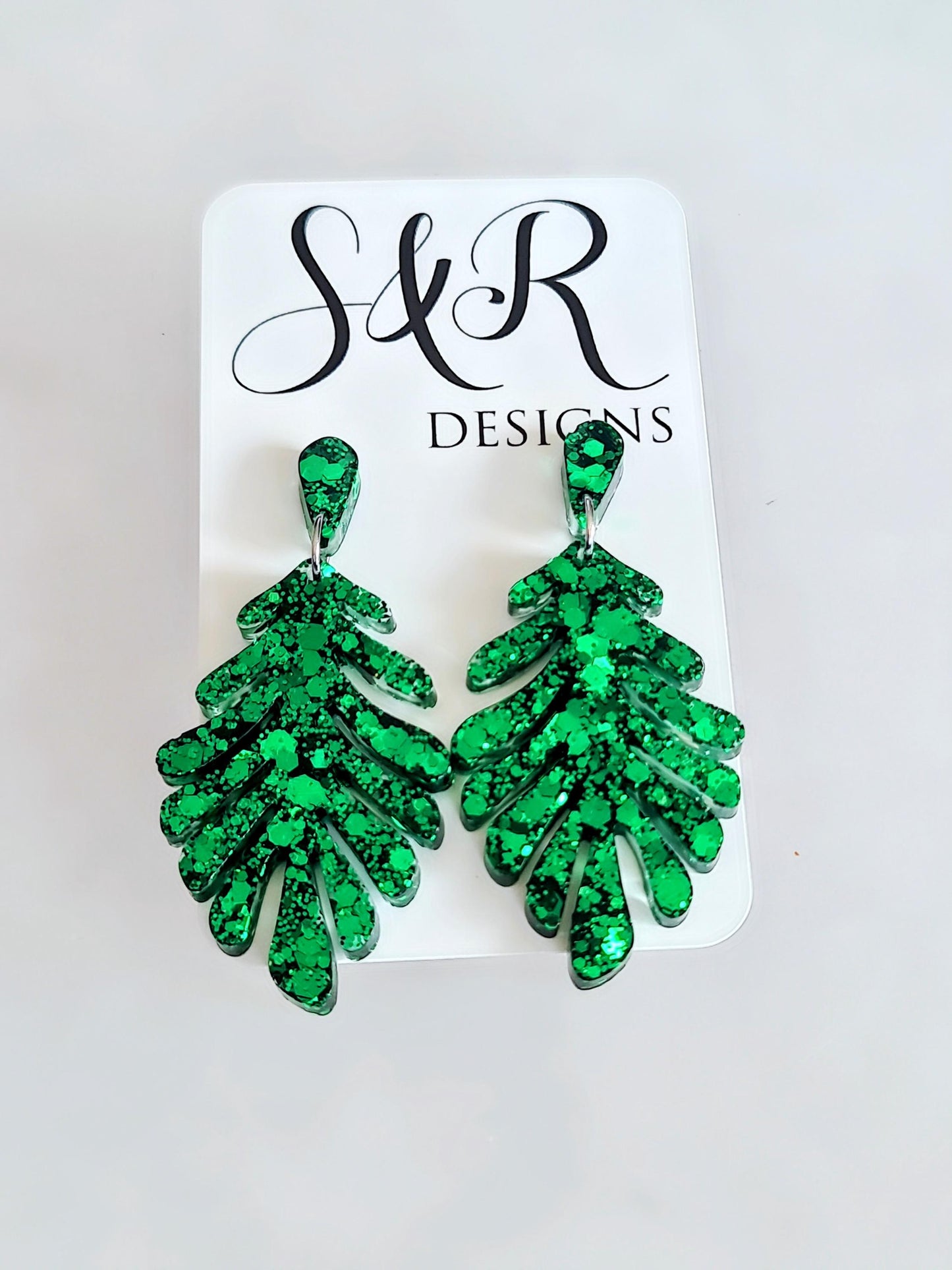 Emeral Green Leaves Dangle Drop Earrings, Glitter Resin Leaf Earrings, Bold Statement Jewellery Handmade, Gift for her, Hypoallergenic Studs