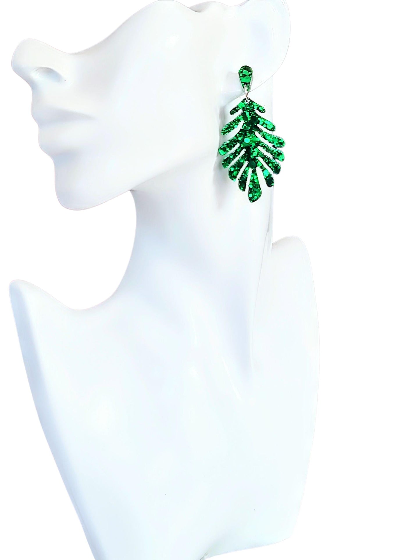 Emeral Green Leaves Dangle Drop Earrings, Glitter Resin Leaf Earrings, Bold Statement Jewellery Handmade, Gift for her, Hypoallergenic Studs