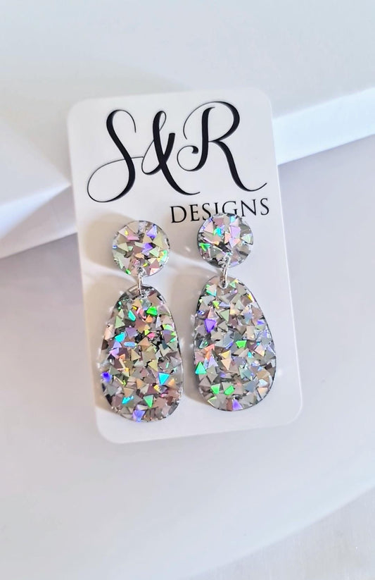 Silver Holographic Dangle Drop Hook Earrings, Oval Organic Shape Earrings, Silver Glitter, Resin Handmade, Stainless Steel Hypoallergenic