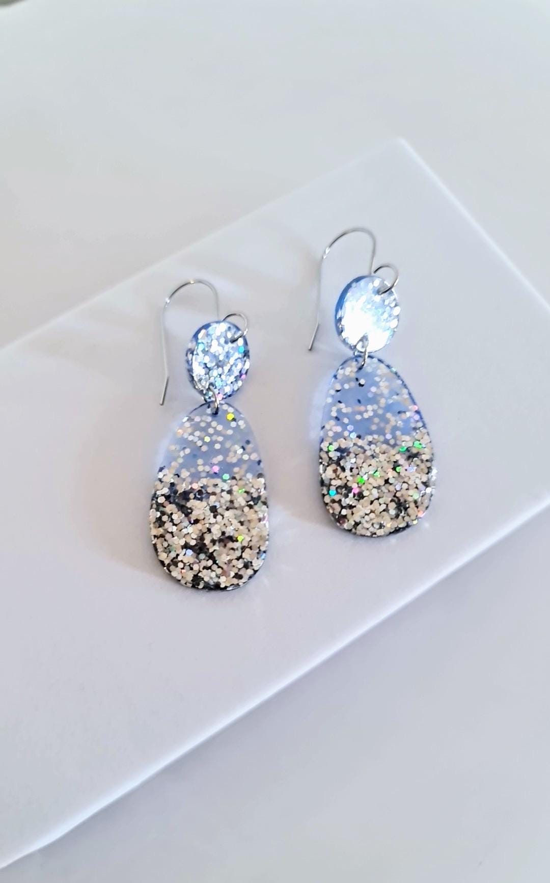 Light Blue Dangle Drop Hook Earrings, Oval Organic Shape Earrings, Silver Glitter, Resin Handmade, Stainless Steel Hypoallergenic Gift